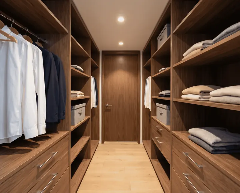 Vestidor en madera con cajoneras y entrepaños, obra de Luis Llano