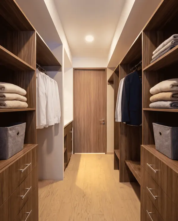 Vestidor en madera con cajoneras y entrepaños, obra de Luis Llano