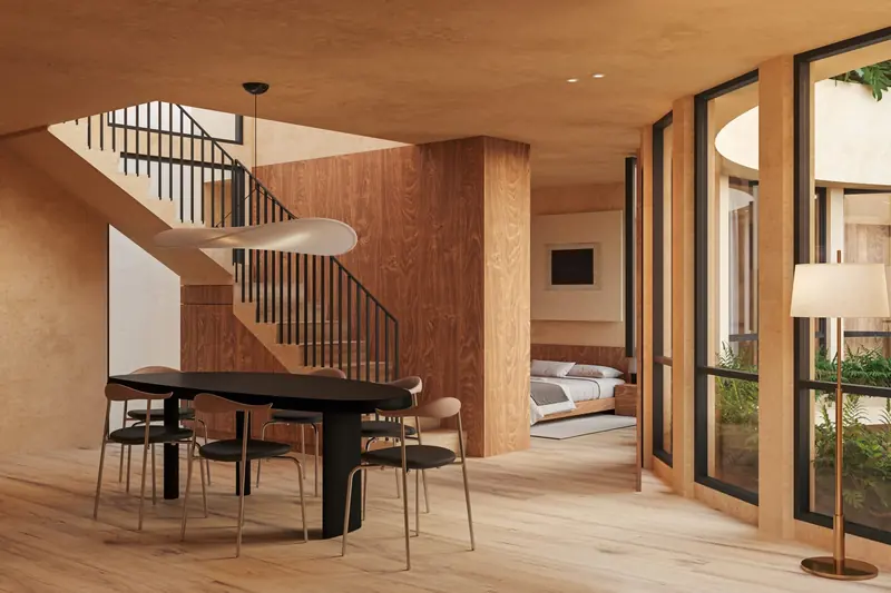 Render interior de Río Guadiana 22: escalera y carpintería